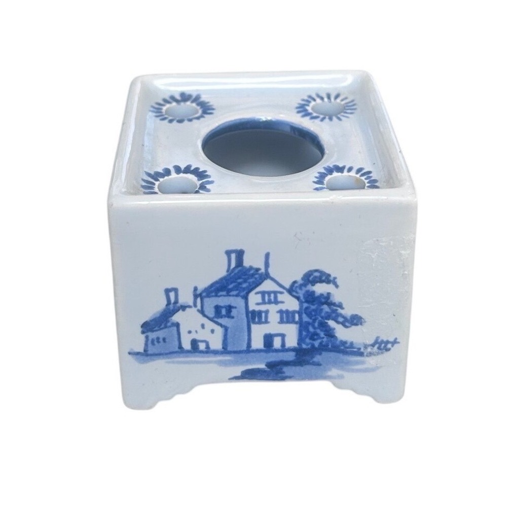 Vintage Delft Blue White Ceramic Inkwell Quill Holder Made in Holland 1755 Scene